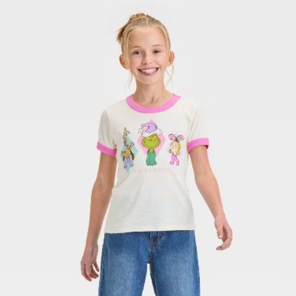 NEW Girls' Dr. Seuss Grinchmas Short Sleeve Graphic T-Shirt - Pink/Ivory